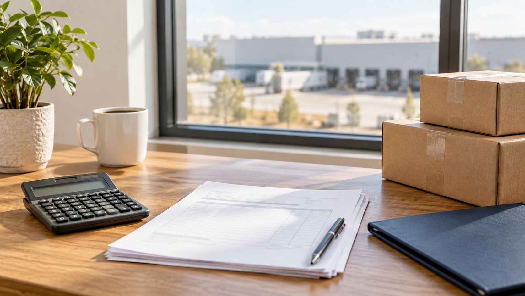 Calculator, invoice papers and shipping cartons on a sunlit office desk.